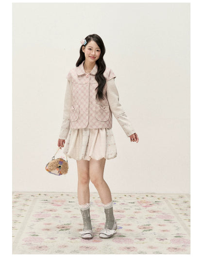[RF] Pink Gingham Wool Blend Cropped Coat with Peter Pan Collar
