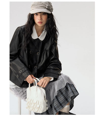 [CAN] "Midnight Sweetheart" Black Bow Pocket Doll Collar Faux Leather Jacket