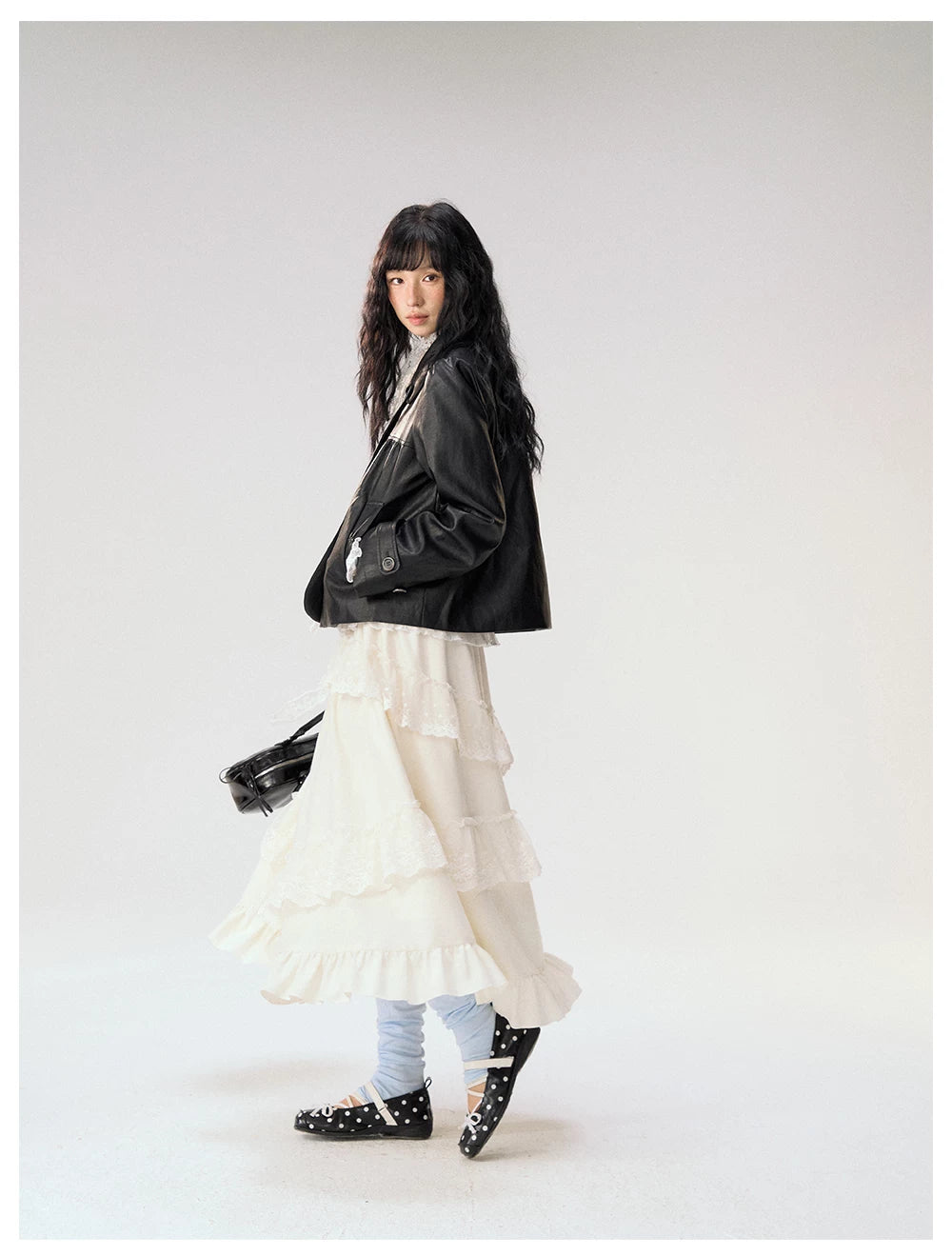 [CAN] "Midnight Sweetheart" Black Bow Pocket Doll Collar Faux Leather Jacket