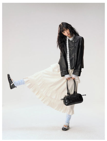 [CAN] "Midnight Sweetheart" Black Bow Pocket Doll Collar Faux Leather Jacket