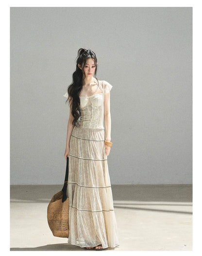 "Mist Through the Woods" Creamy Apricot White Lace Maxi A-Line Skirt