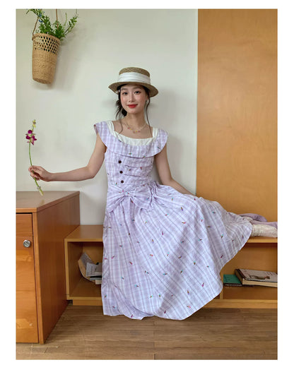 [RF] “Lavender Garden Reverie” Light Purple Bow-Waist Maxi Dress