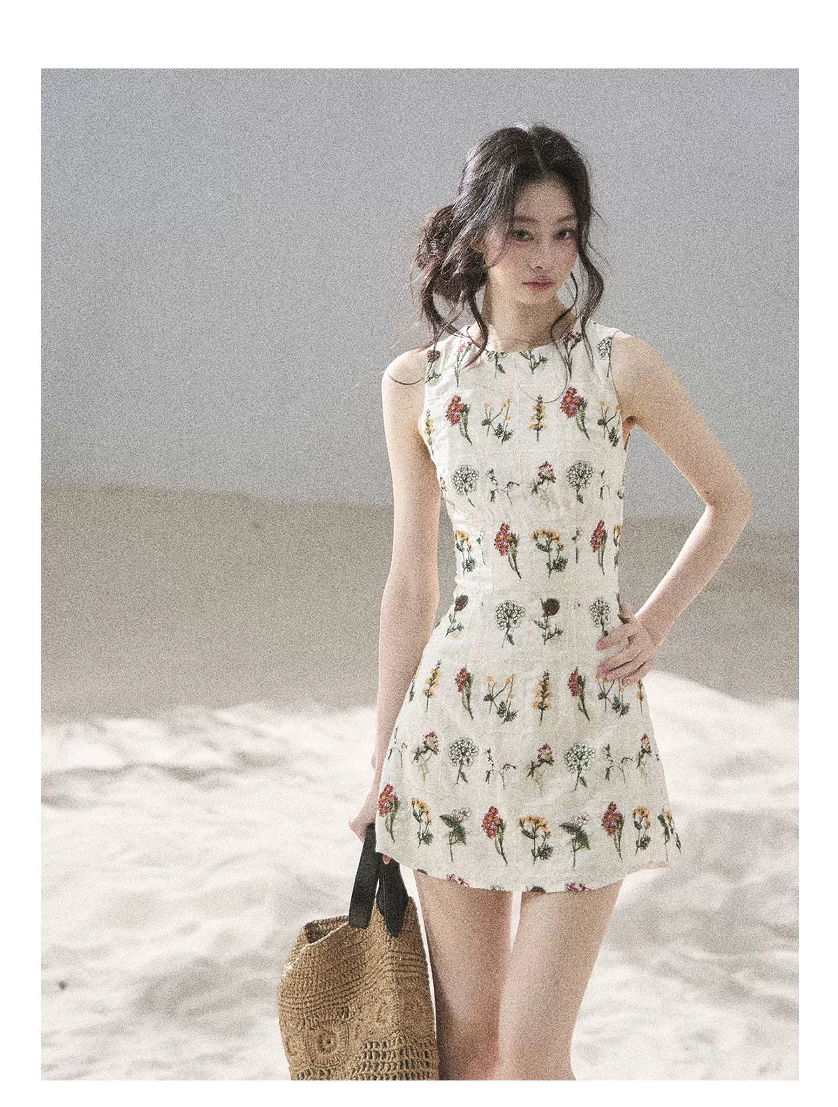 "Wildflower Daydream" Dutch Cream Embroidered Mini Dress - Sleeveless 45684
