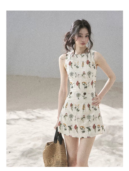 "Wildflower Daydream" Dutch Cream Embroidered Mini Dress - Sleeveless 45684