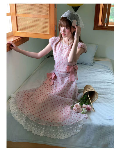 [RF] “Pink Mist Polka” Vintage Polka Dot Maxi Dress