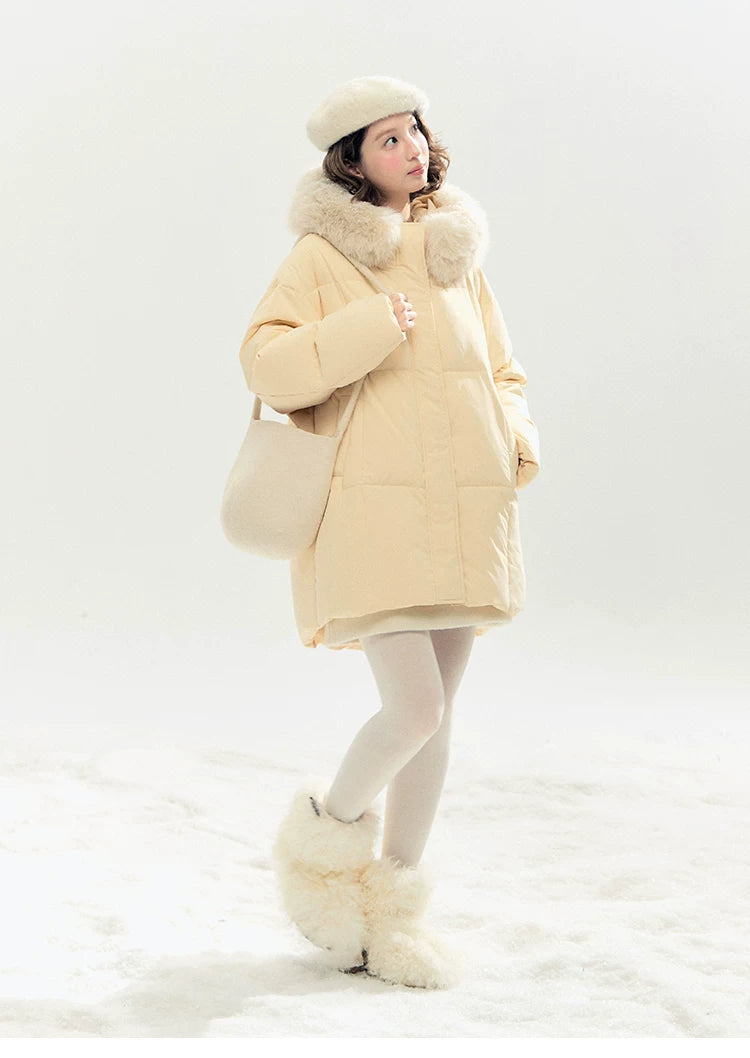 "Butter Soufflé" Vanilla Butter Hooded Mid-Length Down Coat with Faux Fox Fur Trim