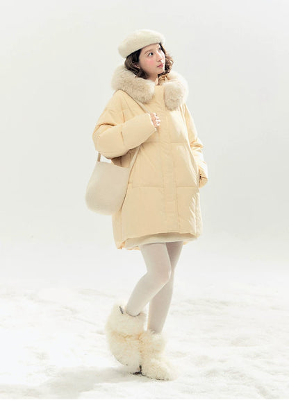 "Butter Soufflé" Vanilla Butter Hooded Mid-Length Down Coat with Faux Fox Fur Trim