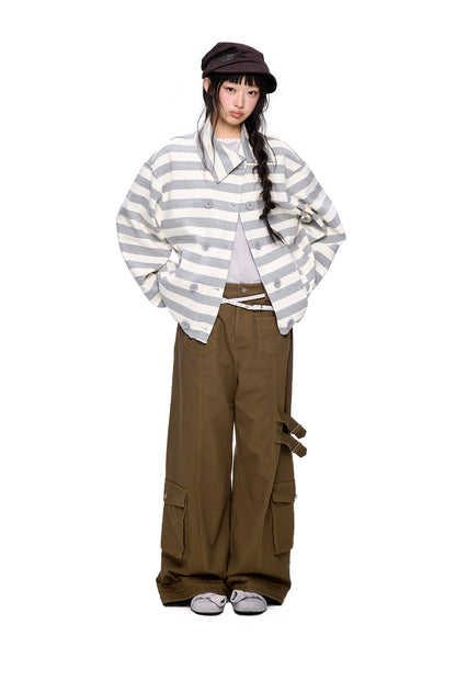 EZEK | Striped Asymmetrical Collar Cardigan Sweatshirt with Double-Breasted Buttons