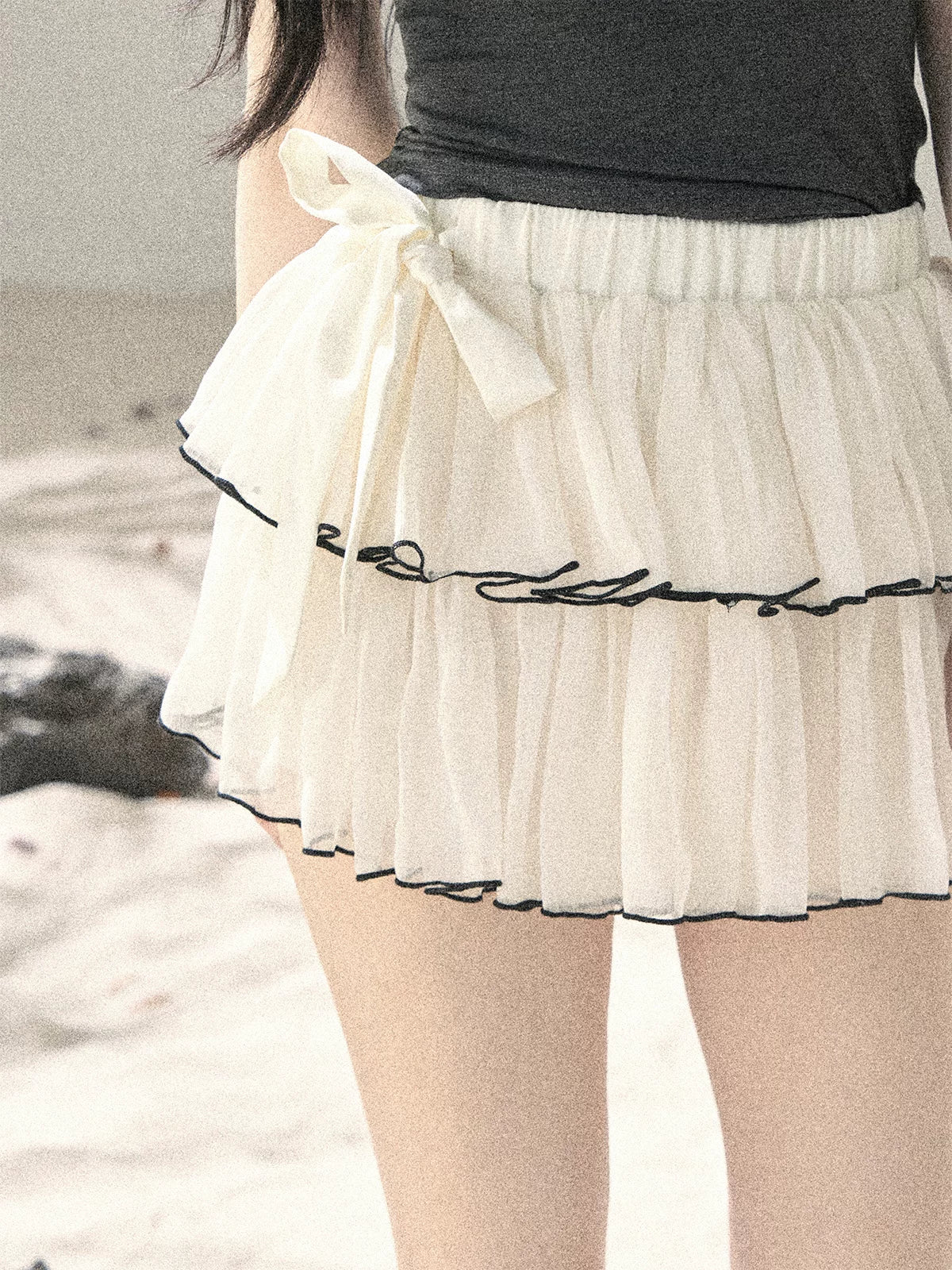 "Flowing Tulle" Cream Apricot Mesh Chiffon Layered Mini Skirt