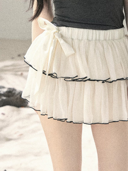 "Flowing Tulle" Cream Apricot Mesh Chiffon Layered Mini Skirt