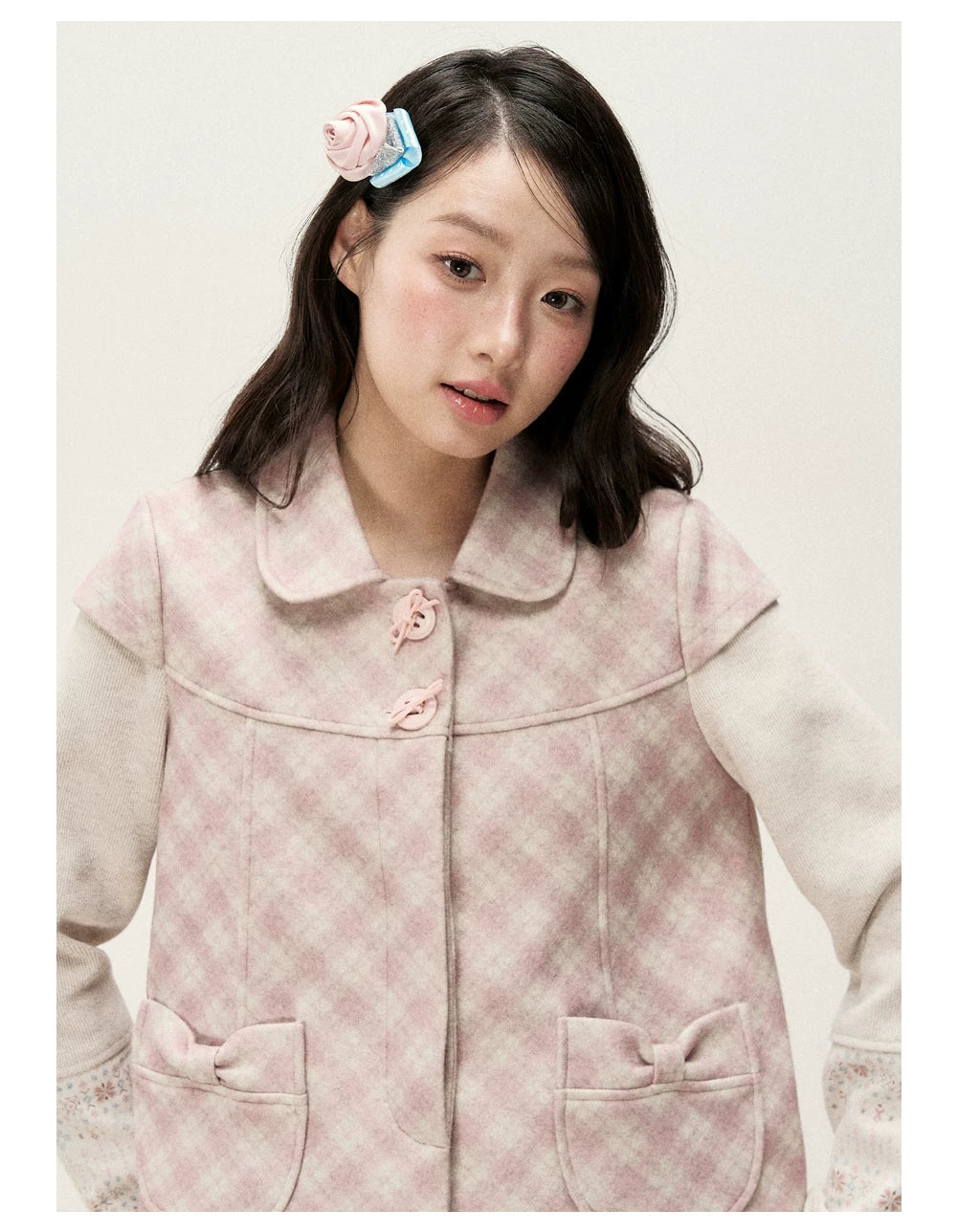 [RF] Pink Gingham Wool Blend Cropped Coat with Peter Pan Collar