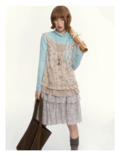 "Petals from a Forgotten Dream" Sweet Apricot Pink Floral Lace Ruffle Off-Shoulder Top