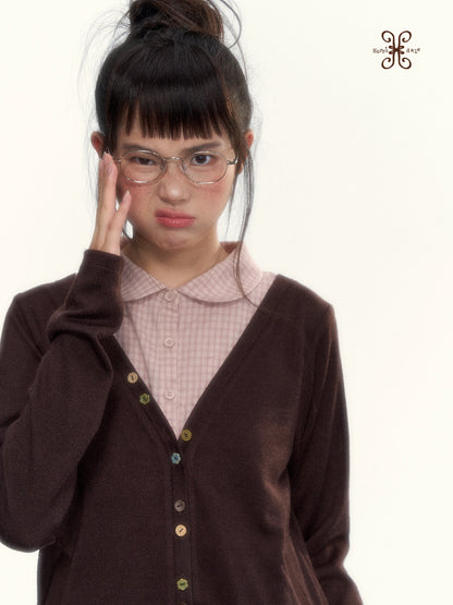 “Chestnut Book Knit” Red Brown Faux-Layered Colorful Button Cardigan