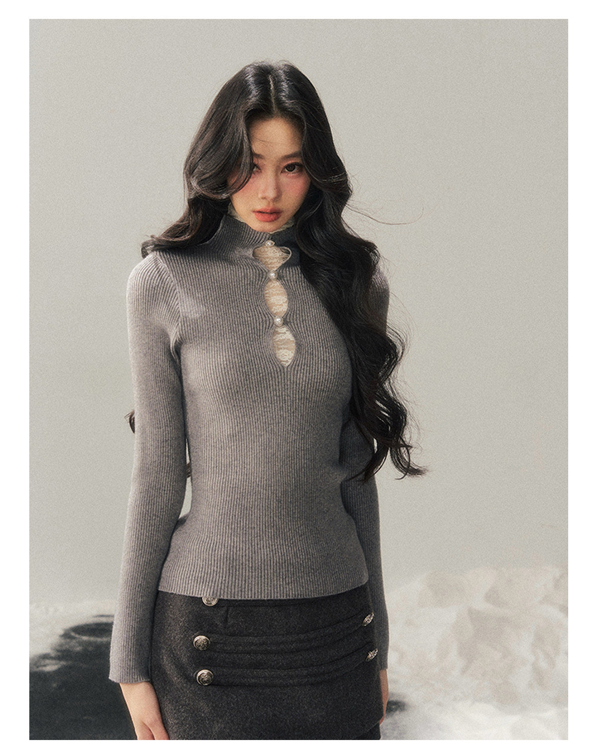 040126 "Lacewoven Dream" Mock Neck Layered Lace Knit Top - High-Intellect Gray