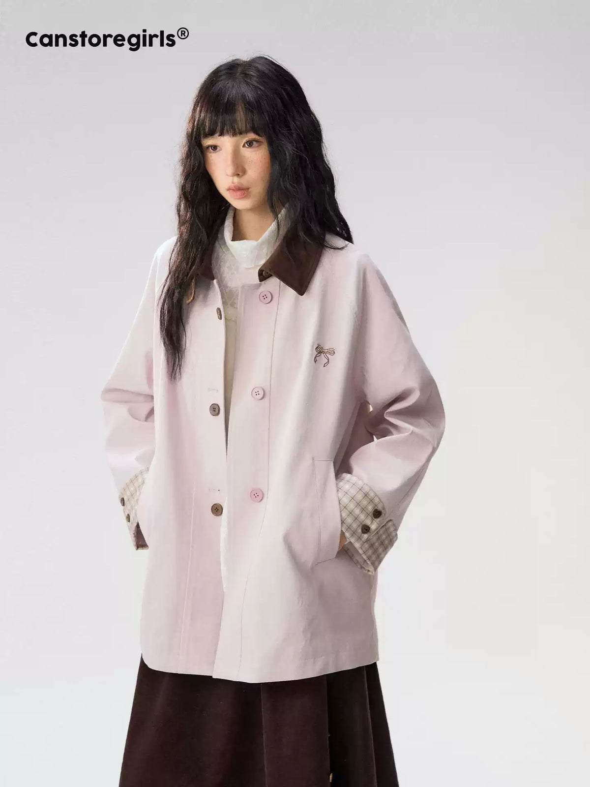 [CAN] Marshmallow & Cookie" Dusty Pink & Brown Plaid Bow Embroidered Trench Coat