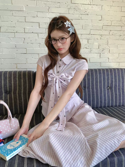[RF] “Milk Taro Fizz” Soft Purple Striped Blouse & Bloom Skirt Set (Light Blue / Lavender)