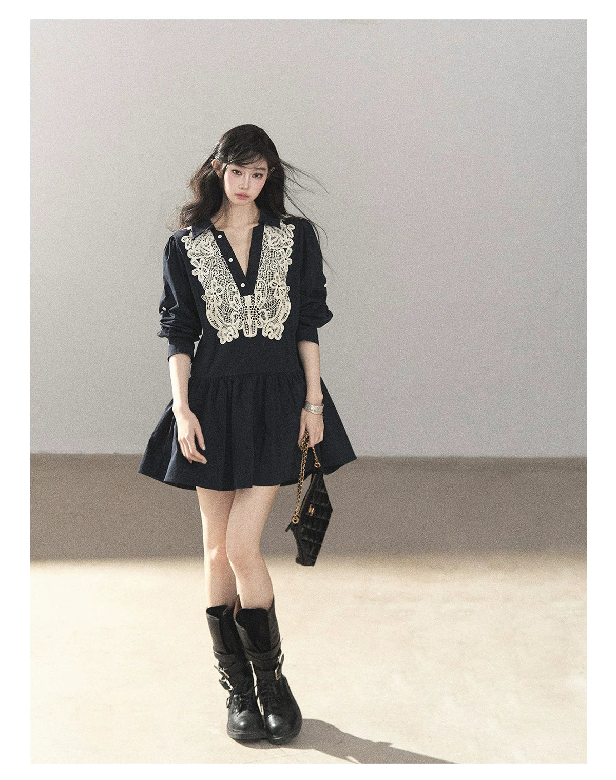 AOMALM - Navy French-Inspired Lace Shirt Mini Dress with Convertible Sleeves