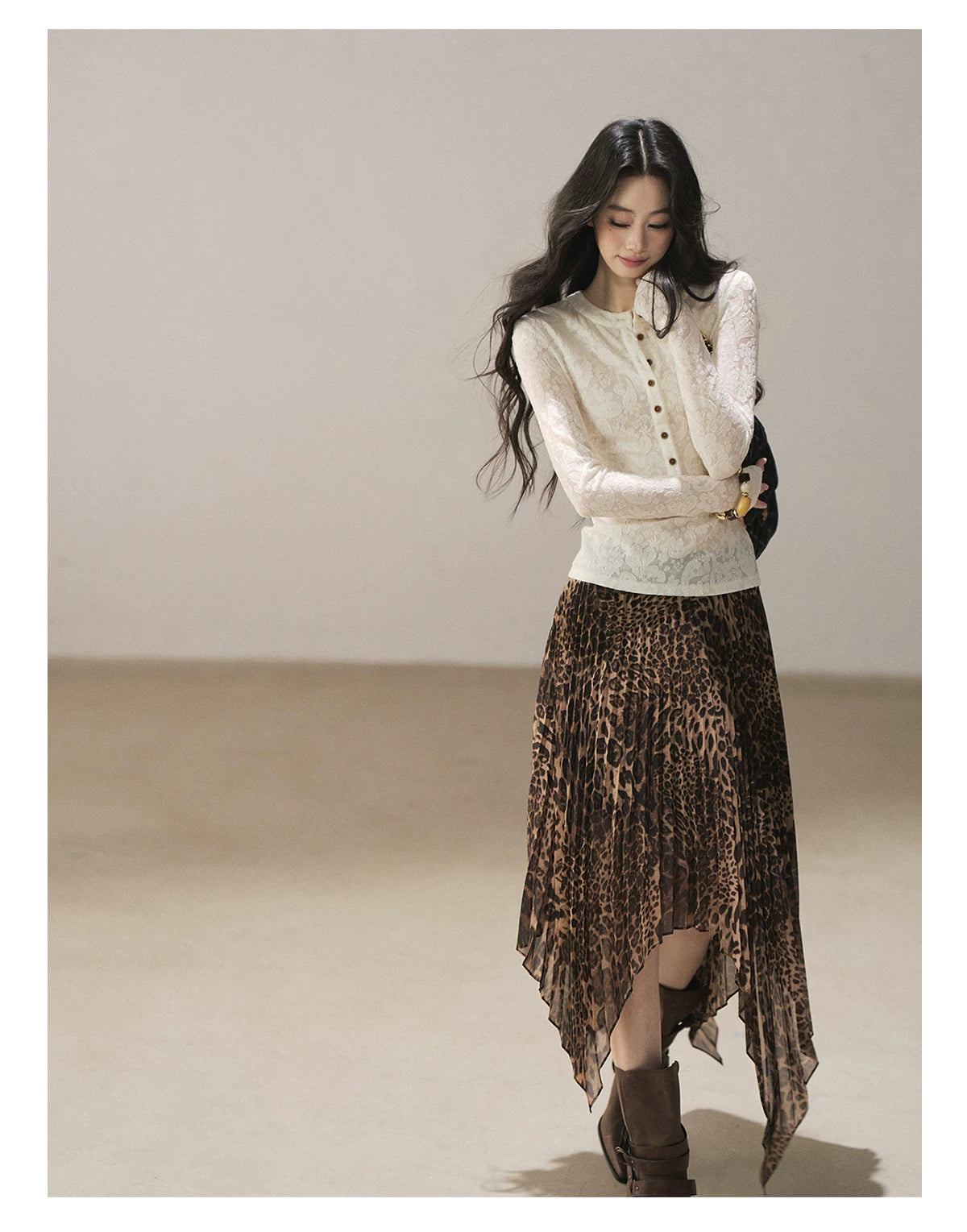 AOMALM - “Cocoa Leopard” Pleated Asymmetric Midi Skirt