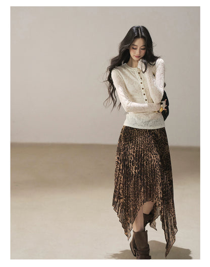 AOMALM - “Cocoa Leopard” Pleated Asymmetric Midi Skirt