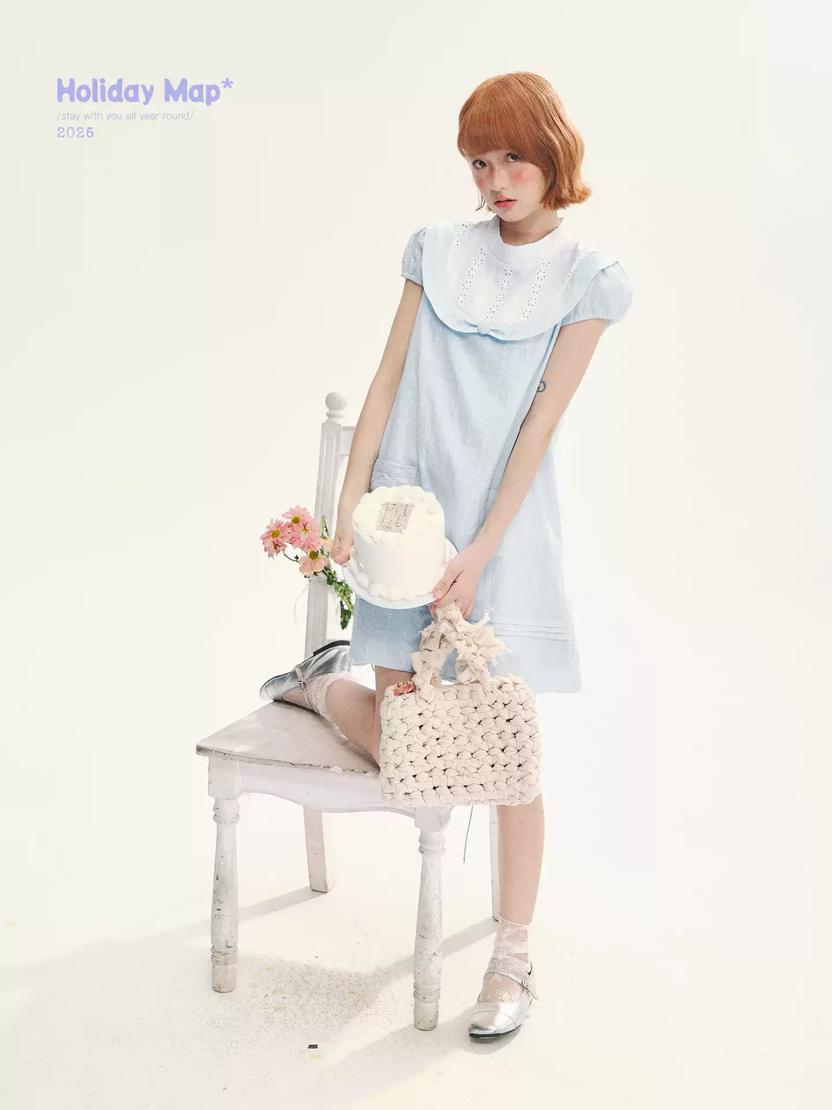"Sea Salt Fizz" Baby Blue Cutout Embroidered Peter Pan Collar Puff Sleeve A-Line Dress