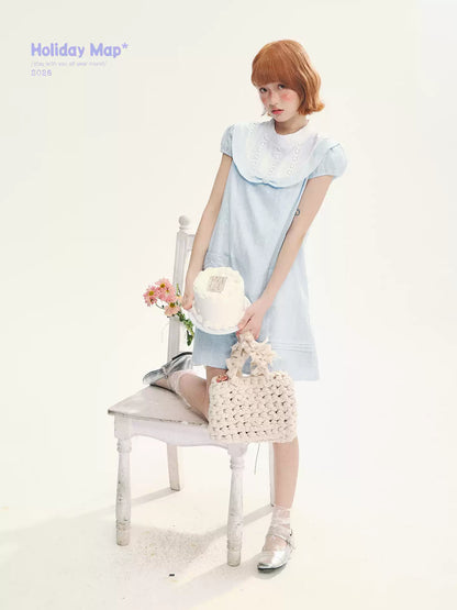 "Sea Salt Fizz" Baby Blue Cutout Embroidered Peter Pan Collar Puff Sleeve A-Line Dress