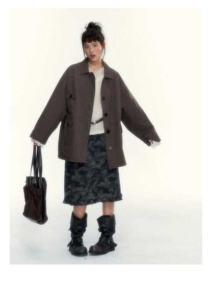 Dark Coffee Brown Washed Cotton Utility Jacket
