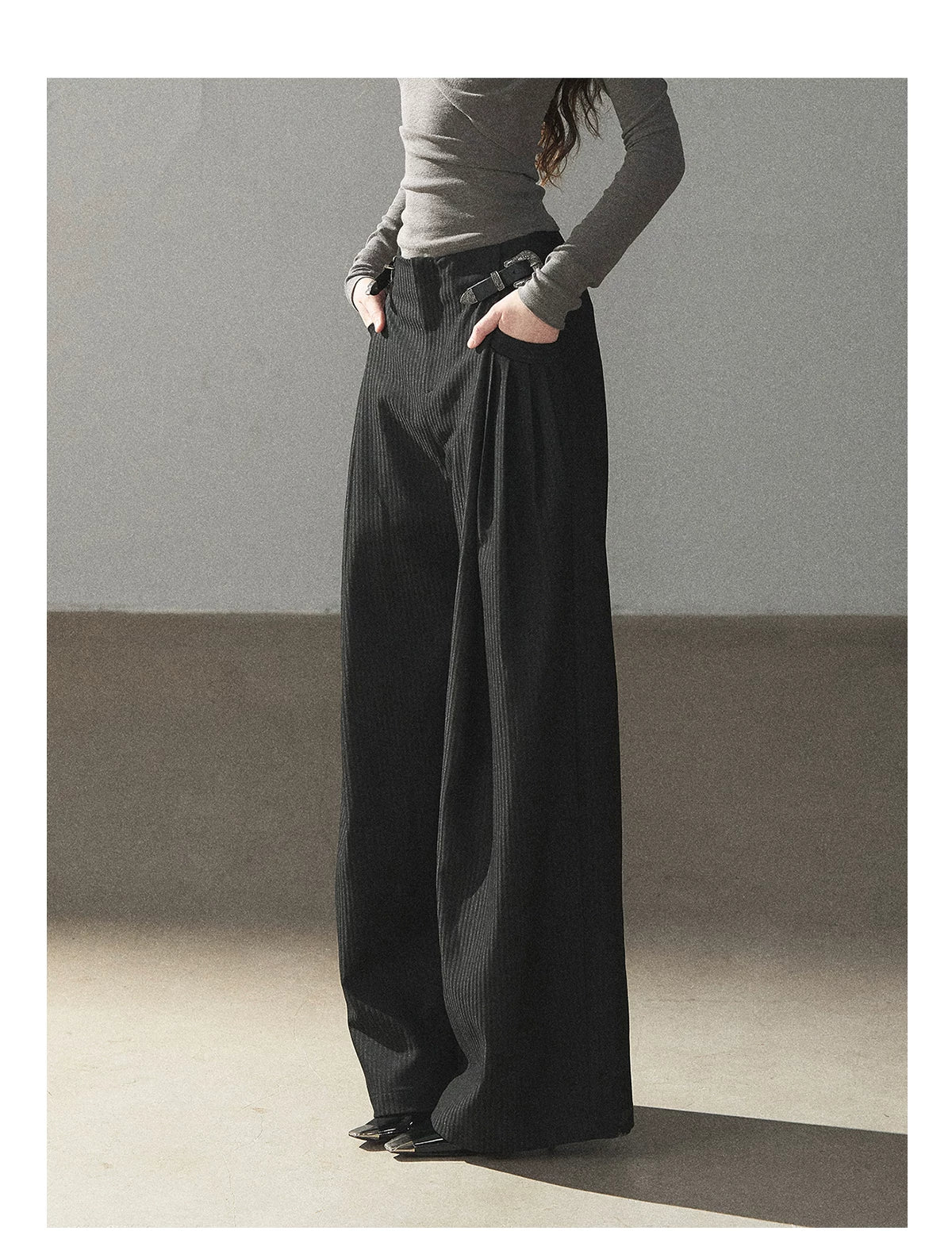 AOMALM - "Midnight Glow" Black Striped Satin Wide-Leg Pants