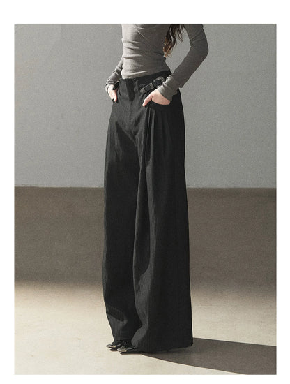 AOMALM - "Midnight Glow" Black Striped Satin Wide-Leg Pants