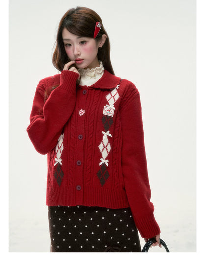 BIBIBENCY - Red Argyle Knit Cardigan with Bow Details