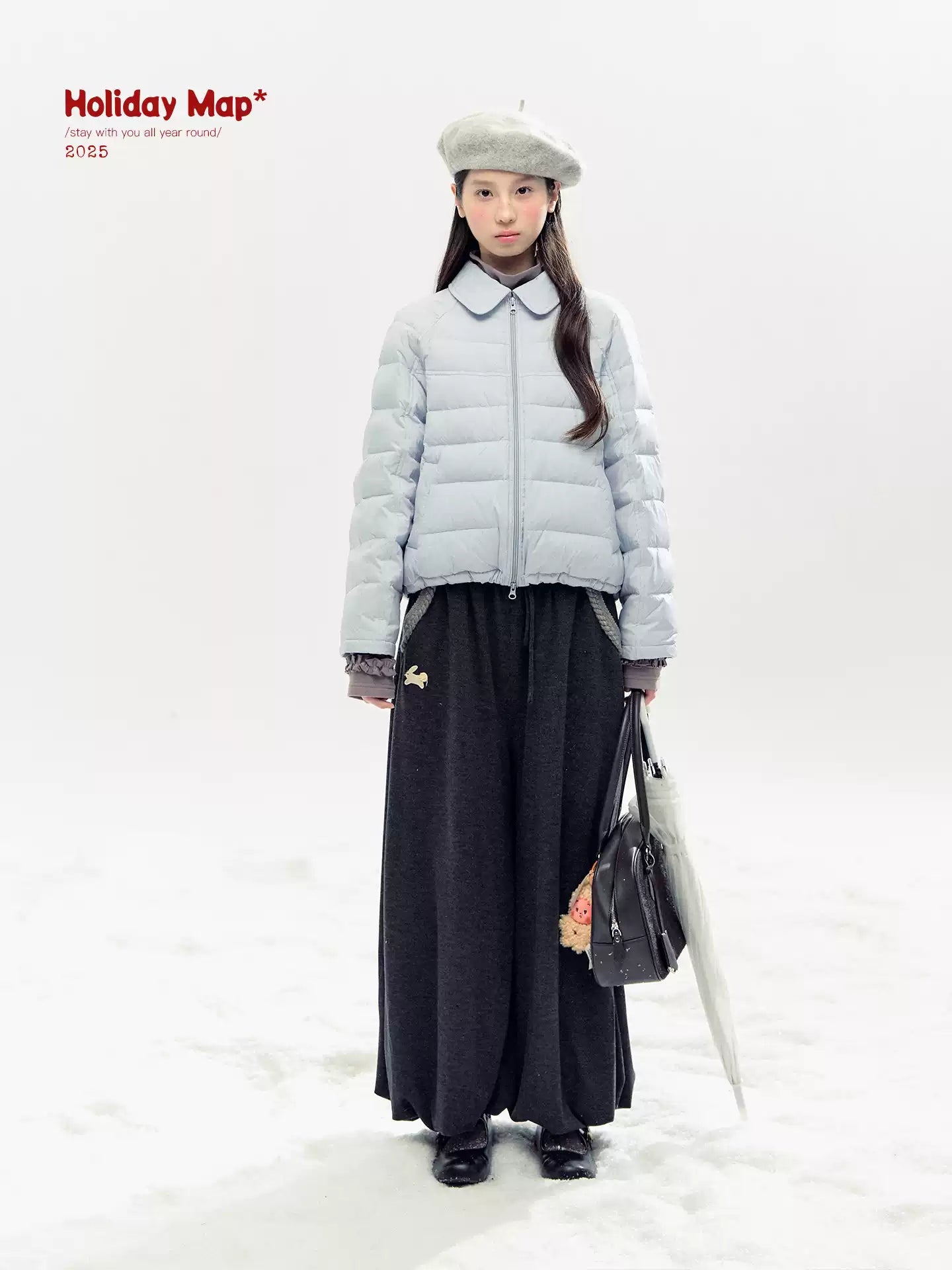 "Bunny Tea Party" Fleece-Lined Balloon Wide-Leg Pants (Hazelnut Brown/ Midnight Gray)