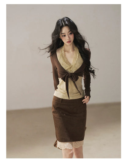 AOMALM - "Tender in This Moment" Rich Cocoa Faux Two-Piece Lace Top