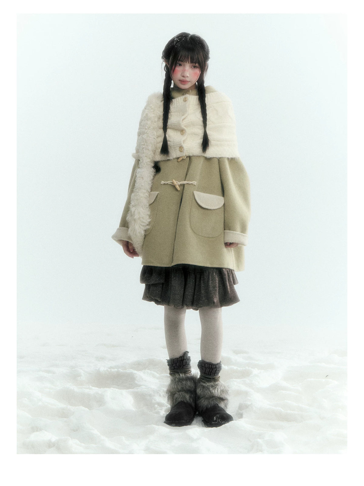 Horridale - Moss Green and Cream Reversible Hooded Wool Coat
