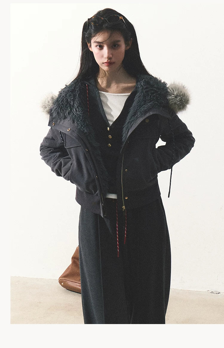 OAKMOO/ "Energy & Freedom" Mocha Gray Fur-Collar Cropped Hoodie Jacket