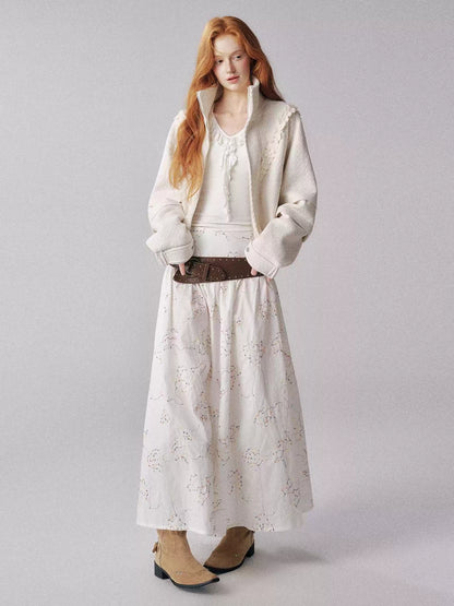 "糖果多巴胺" Color-Accented Embroidered Flared Midi Skirt (White)