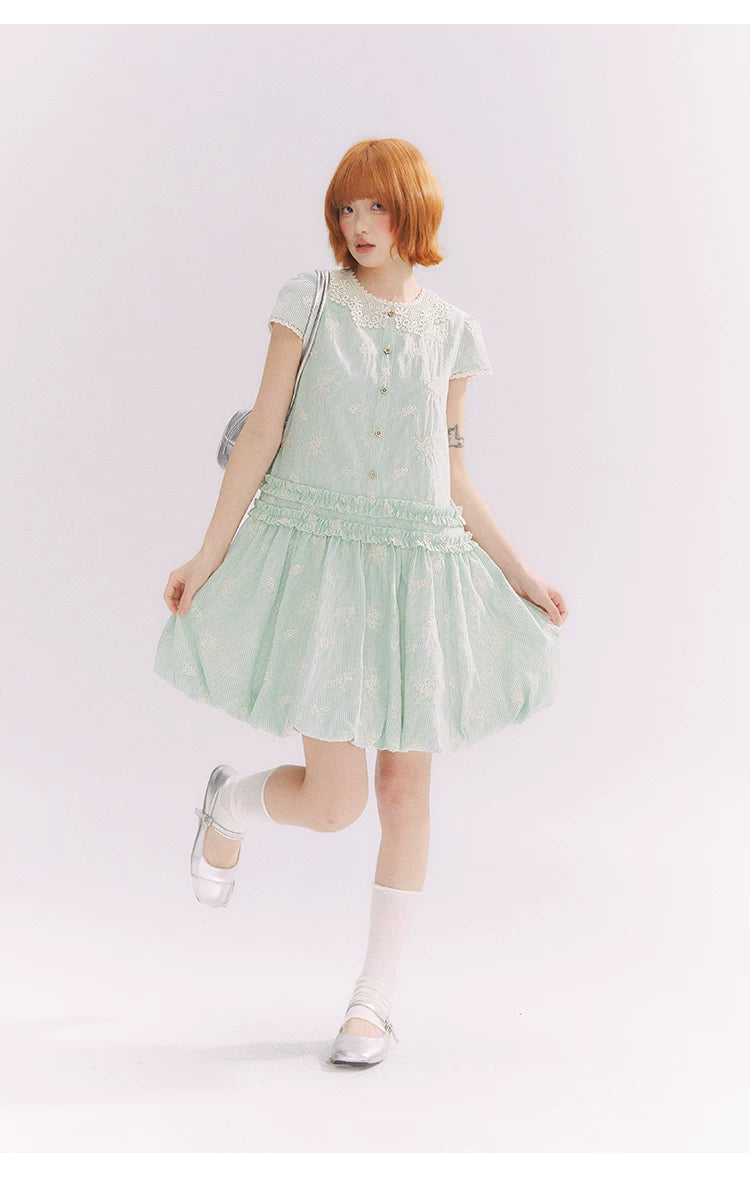 “Mint Lime” Green Stripe Lace Babydoll Dress