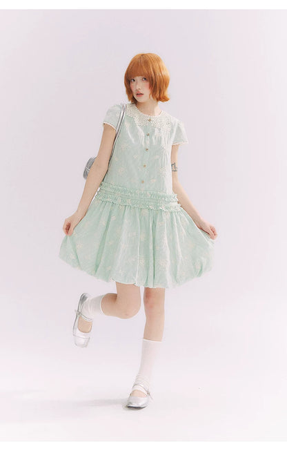 “Mint Lime” Green Stripe Lace Babydoll Dress
