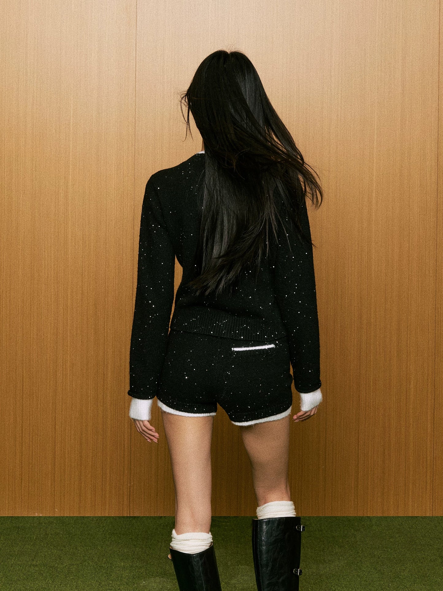 Black Sequin Knit Top & Shorts Two-Piece Set