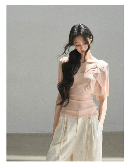 "Where Clouds Fall" Ruffle Sleeve V-Neck Crop Top (Forest Green/ Sage Gray/ Misty Blue/ Cinnamon Pink)