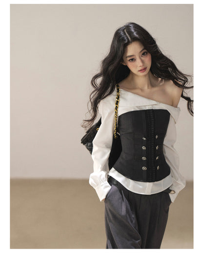 170726 "Where the Sea Breeze Finds Me" Deep Slate Bustier & Pure White Layered Shirt Set