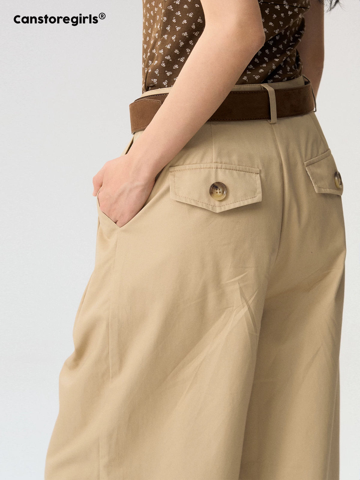 [CAN] "Strawberry Toast" Khaki Plaid Cuff Wide-Leg Pants