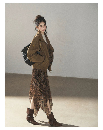 AOMALM - “Cocoa Leopard” Pleated Asymmetric Midi Skirt