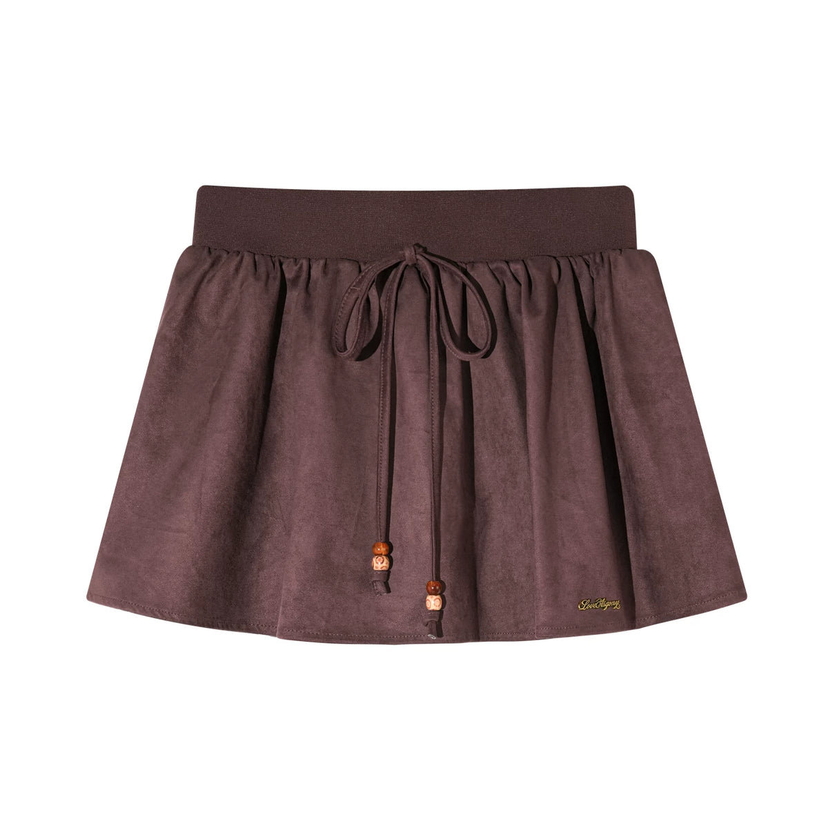 ASGONY - Red Suede Bubble Mini Skirt with Beaded Drawstring
