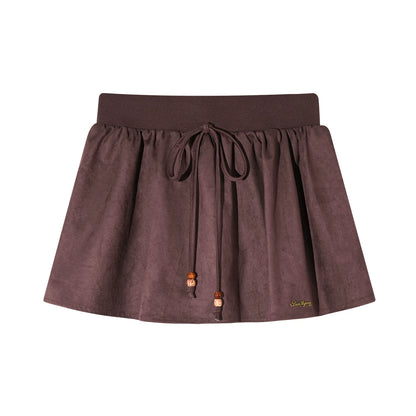 ASGONY - Red Suede Bubble Mini Skirt with Beaded Drawstring