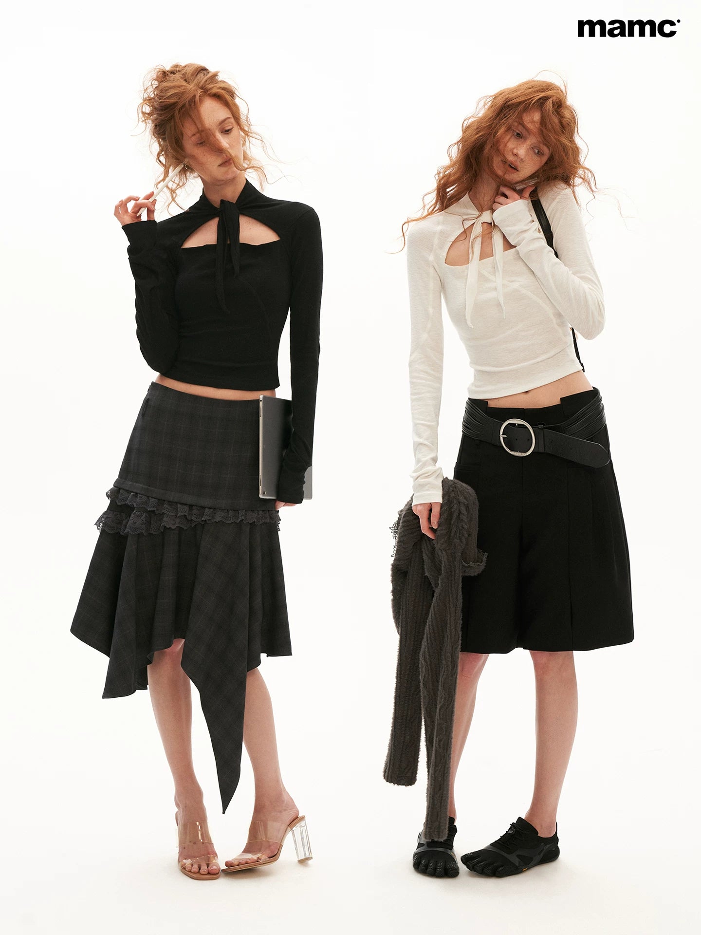 Lace-Up Cutout Waist-Sculpt Long Sleeve Top (Black/ White)