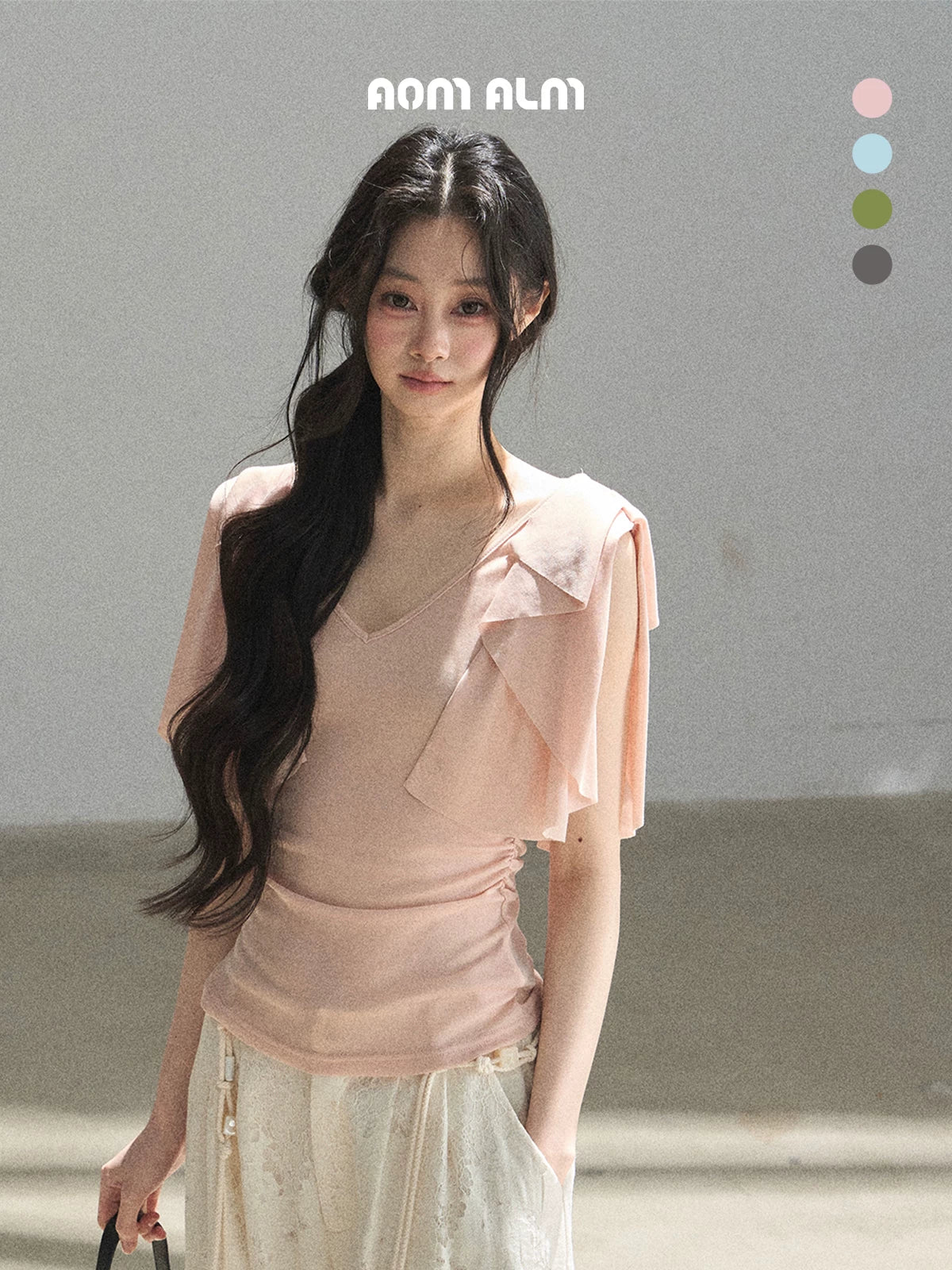 "Where Clouds Fall" Ruffle Sleeve V-Neck Crop Top (Forest Green/ Sage Gray/ Misty Blue/ Cinnamon Pink)
