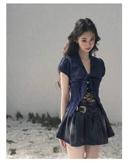 "Shimmer Across the Sea" Denim Bubble Skort (Rock Black/ Vintage Blue)