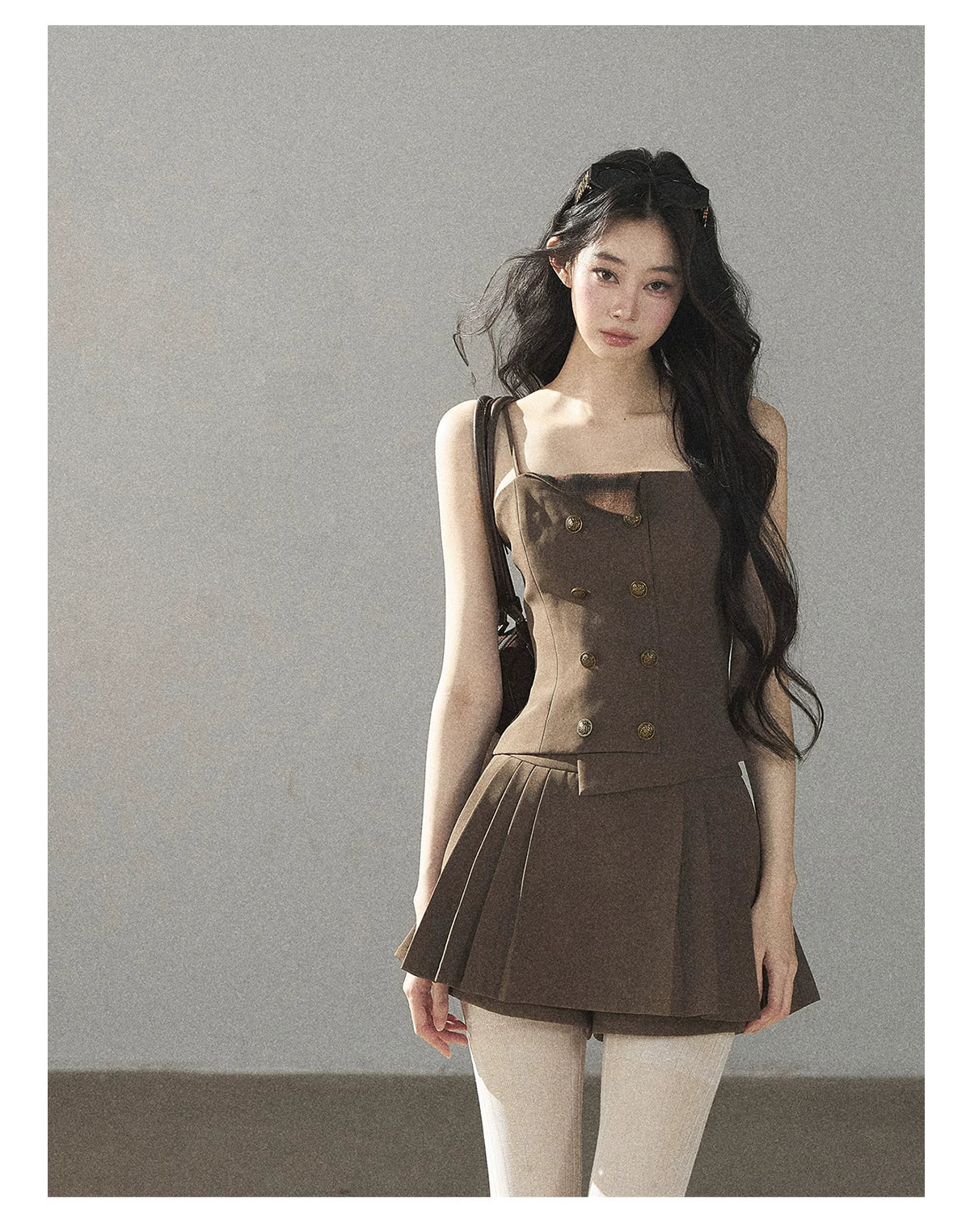 AOMALM - “Evening Breeze in the Valley” Chestnut Brown Blazer, Cami & Pleated Skort Set