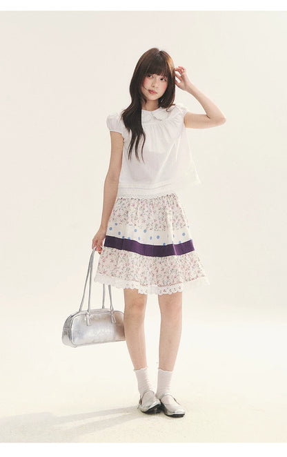 "Moonlight Grape" Vintage Floral Polka Dot Lace A-Line Skirt