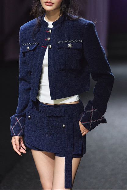 "Midnight Atelier" Navy Wool Quilted Jacket & A-Line Skort Set