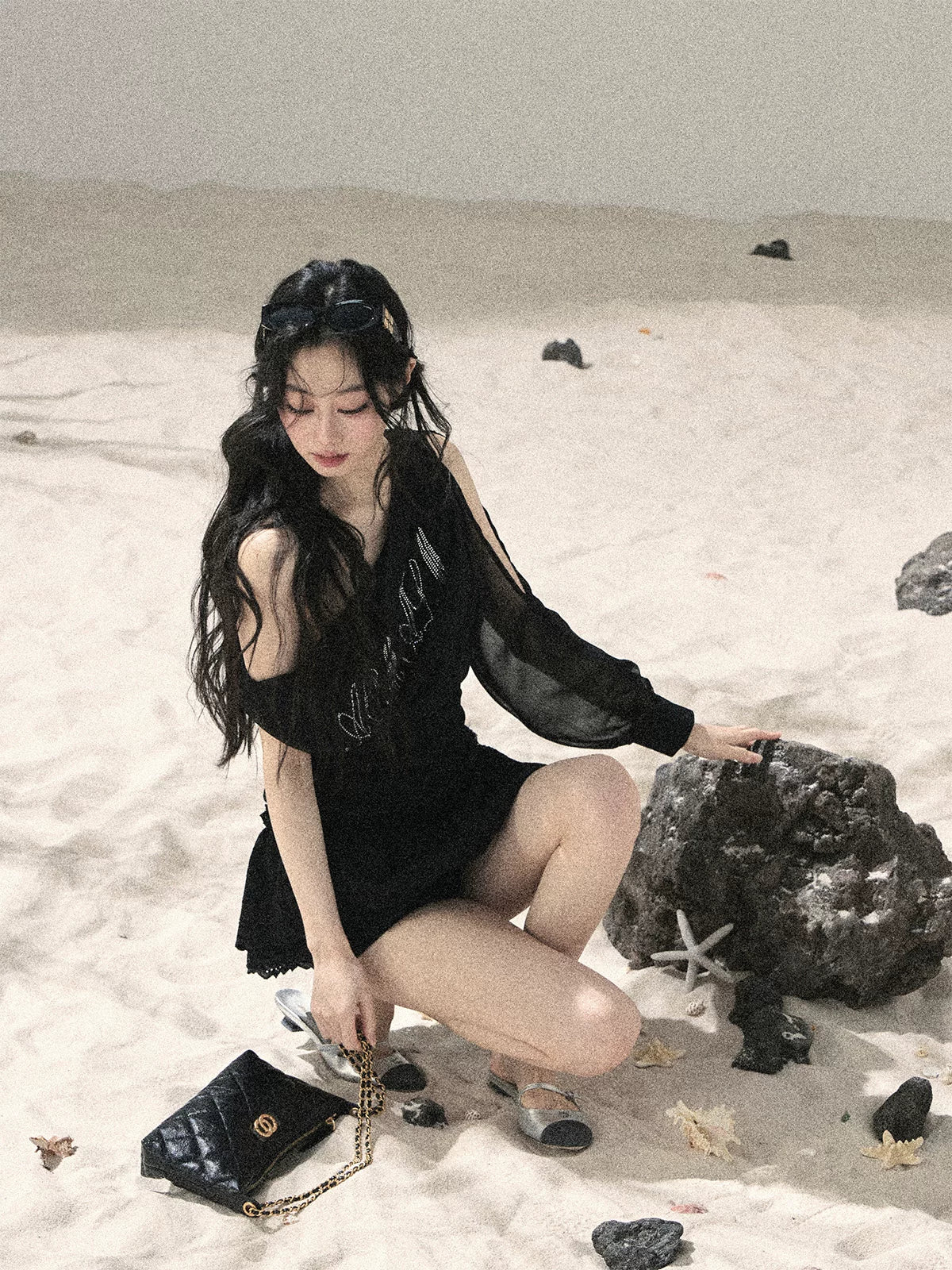 "Scattered Starlight" Midnight Black Off-Shoulder Mesh Waist-Cinched Top